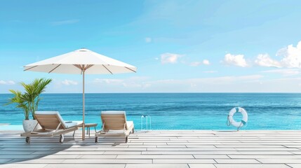 Obraz premium A beautifully decorated poolside veranda with deck chairs and an umbrella, offering a stunning ocean view for a perfect summer vacation.