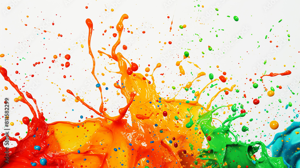Poster splashes of colorful paint captured mid-air on a white background, expressing a concept of creativit