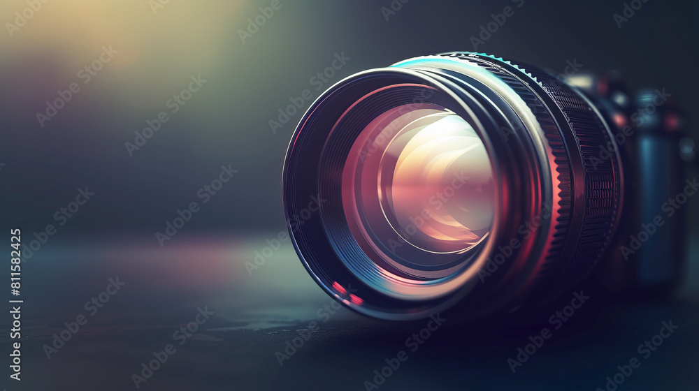 Poster a close-up of a camera lens with a vibrant bokeh effect, set against a blurred background, symbolizi