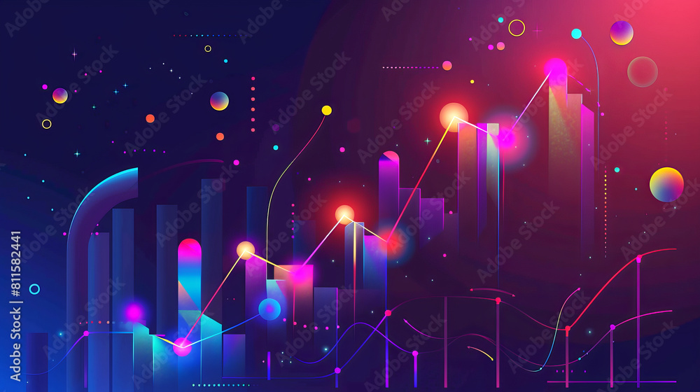 Poster Abstract financial graphs with neon colors on a dark space-inspired background, representing futuristic data analysis. Generative AI
