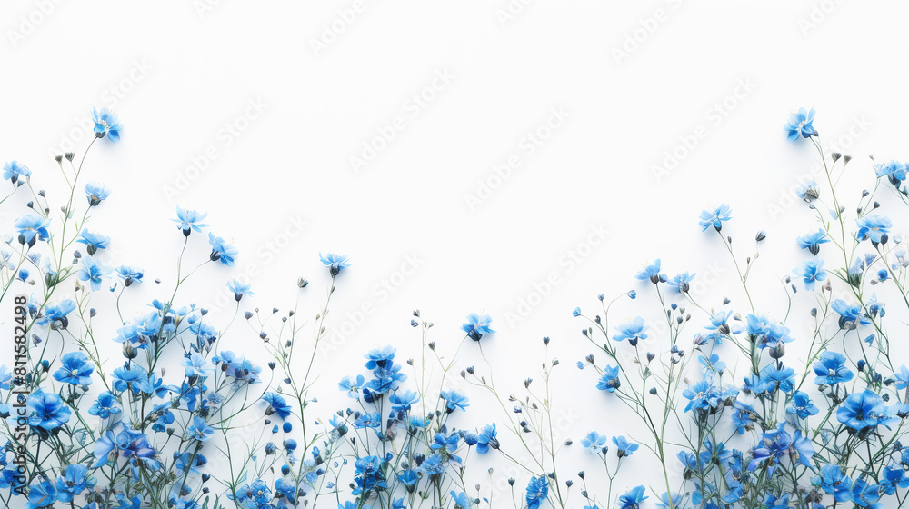 Poster blue flowers bordering the top and bottom on a white background, a concept of spring freshness. gene