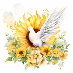 Sunflower and Dove watercolor illustration. Peace symbol.