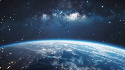 Earth viewed from space with city lights alongside a star-filled galaxy background, concept of exploration. Generative AI