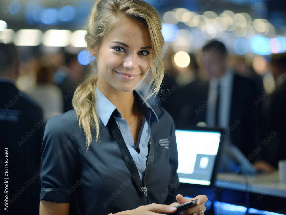 Poster smiling woman with a smartphone at a bustling event, blurred crowd and screens in the background, pr