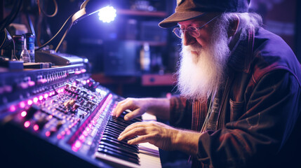 An elderly man with a beard playing an electronic keyboard in a music studio, colorful lights,...
