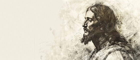 Fototapeta premium pencil drawing of a religious picture of Jesus Christ on a white backdrop with copy space.