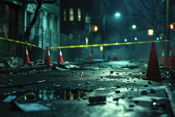 A crime scene with police lines and police cars and traffic cones