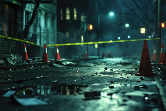 A crime scene with police lines and police cars and traffic cones