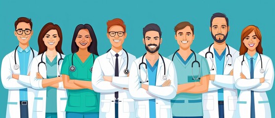 Vector of a team of physicians and nurses working in medicine..
