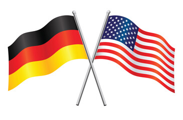 germany and USA american german flags in relationship alliance or versus conflict crossed flagpoles vector transparent background