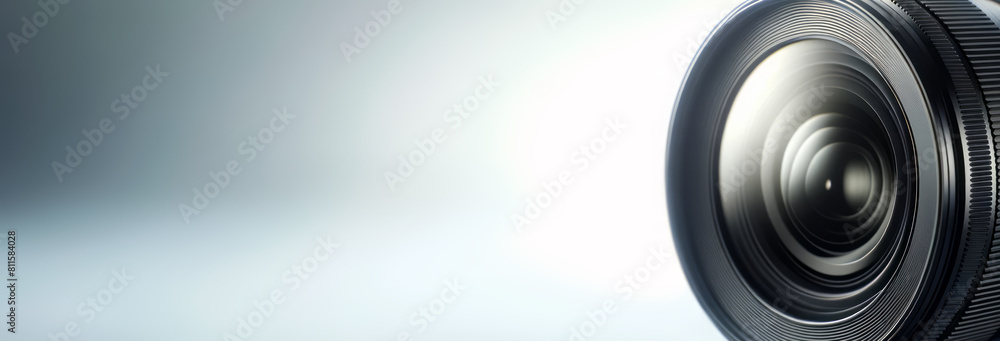 Poster a close-up of a camera lens on a smooth gradient background, symbolizing technology and photography.