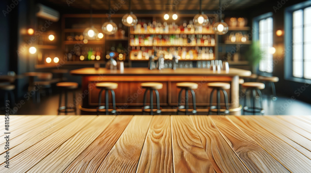 Poster an empty wooden table with a blurred bar background, modern design, warm lighting, suitable for prod