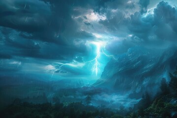 Fantasy landscape with stormy sky and lightning