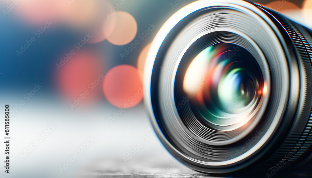 Poster detailed close-up of a camera lens with vibrant bokeh lights in the blurry background, exemplifying 
