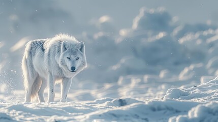 A lone arctic wolf prowling through the snowcovered tundra, its fur blending seamlessly with the icy landscape