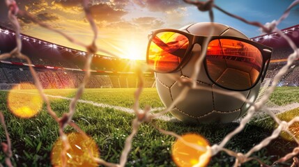 Close-up of the soccer ball and sunglasses in the goal in the background.