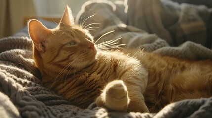Naklejka premium Golden Glows and Cozy Cuddles: The Life of an Orange Tabby