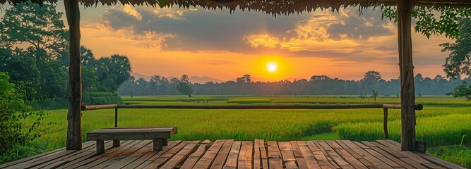 wooden table, hut, behind a rice field at sunset.