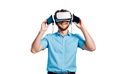 background vr adult man light using smiling technology blue standing adset while digital futuristic goggles virtual reality simulation male fun joyful playful headset casual attire expression guy