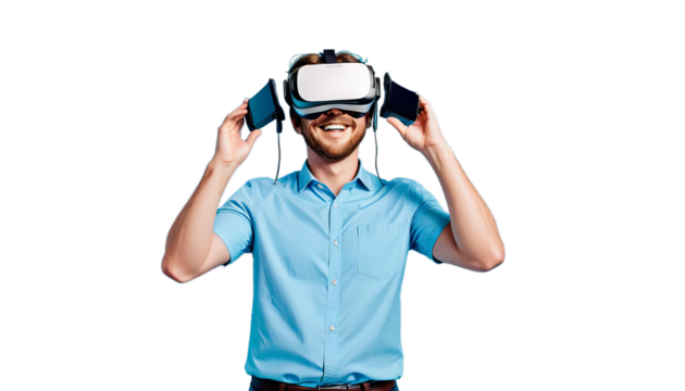 background vr adult man light using smiling technology blue standing adset while digital futuristic goggles virtual reality simulation male fun joyful playful headset casual attire expression guy