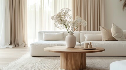 Minimalist living room with wooden coffee table, white sofa and cream curtains