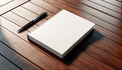 A closed book with a blank cover next to a pen, lying on a wooden table, concept of branding mockup. Generative AI