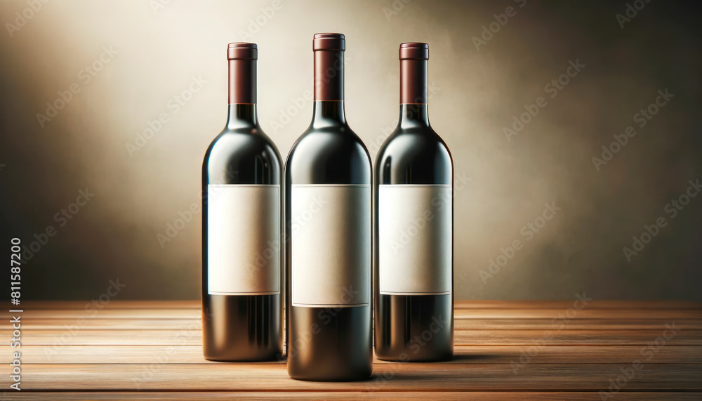 Poster three wine bottles with blank labels on a wooden surface, ideal for branding mockup against a dark b