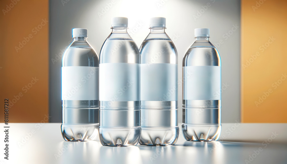 Poster Clear water bottles with blank labels on a reflective surface against a golden gradient background, concept of branding mockup. Generative AI