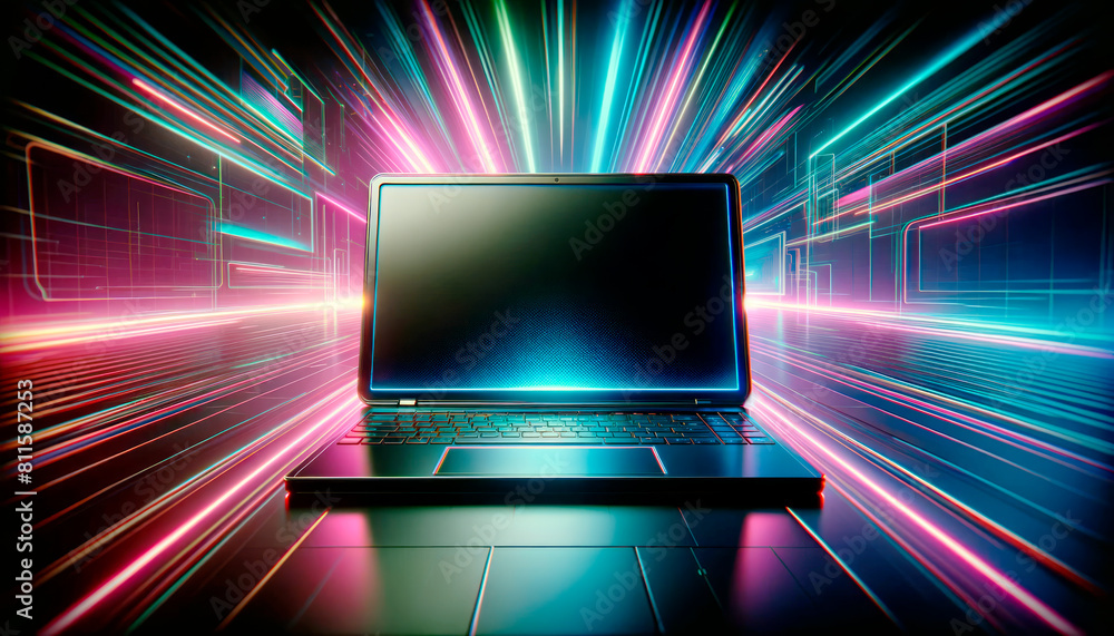 Poster Laptop with blank screen in a neon-lit futuristic setting, with a digital and modern design on a dynamic abstract background. Generative AI