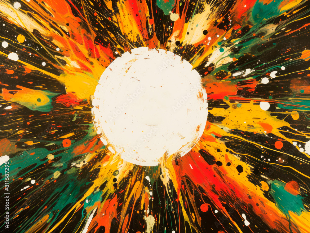 Poster abstract colorful paint splatter with a white circular blank space in the center, on a multicolored 