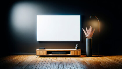 A modern living room interior with a large blank white display on a dark wall, wooden floor, furniture, and decorative plants, for a mockup concept. Generative AI