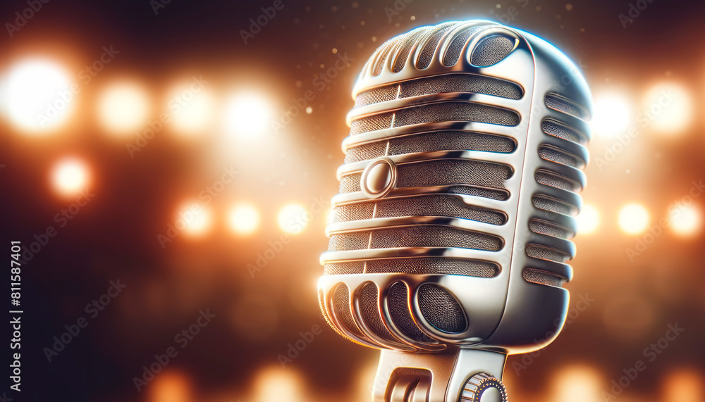 Poster close-up of a vintage microphone with a glowing bokeh background, embodying a concept of music, perf