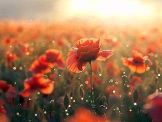 Obraz premium A field of red poppies with water droplets.