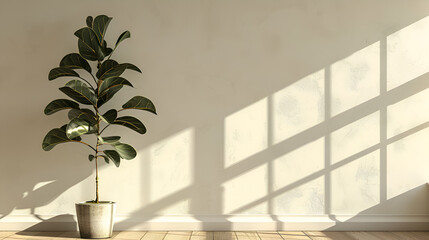 Interior with sunbeams coming through the windows and a potted plant ,generative ai