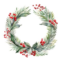 Fototapeta premium Christmas wreath with red poinsettia flowers, holly leaves and berries on a white background. Generative AI.