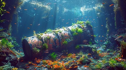 A large underwater scene with fish and plants.