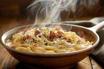 Steaming hot pasta dish with bacon and herbs
