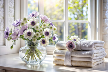 White table delicate anemone flowers stack of bath towels - light window