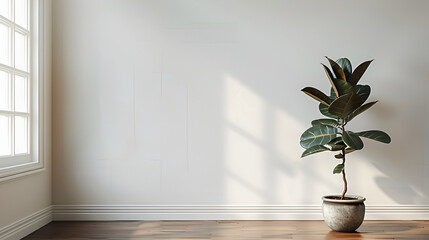 Interior with sunbeams coming through the windows and a potted plant ,generative ai