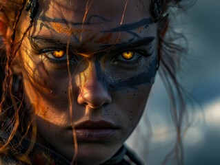 Intense warrior woman with striking face paint