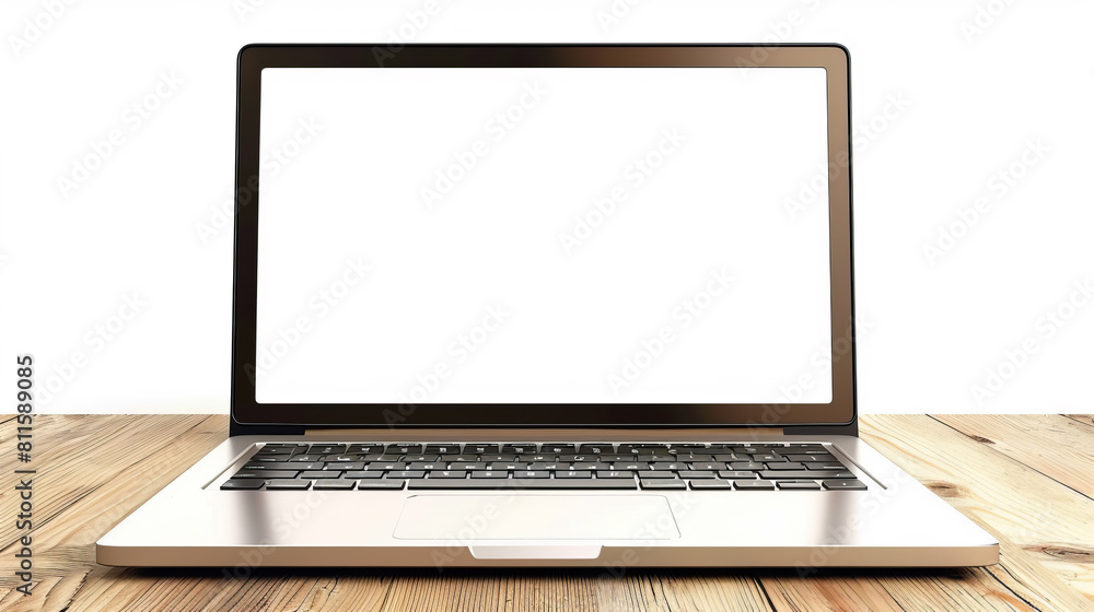 Poster an open laptop with a blank screen on a wooden table, ideal for mockups and branding presentations, 