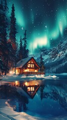 Fototapeta premium A small beautiful wooden house in northern Canada near a frozen lake, with the stunning northern lights shimmering above. 