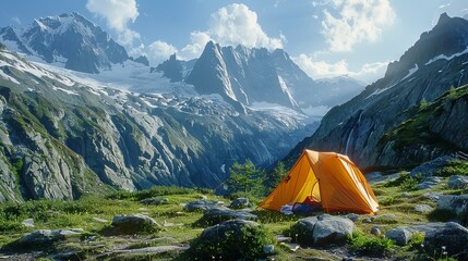 A tent is set up in the mountains. - Powered by Adobe