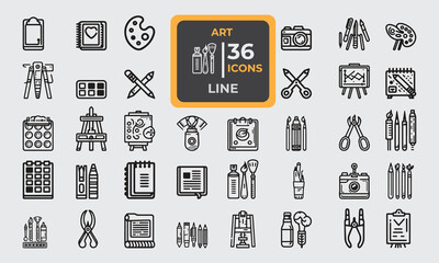 Set of 36 line icons related to Art, creativity and graphic design. Outline icon collection. Editable stroke. Vector illustration