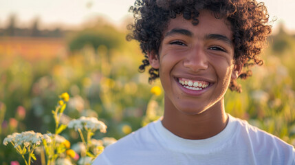 Happy 15 years old teenage boy portrait in middle of beautiful nature of a field with copy space