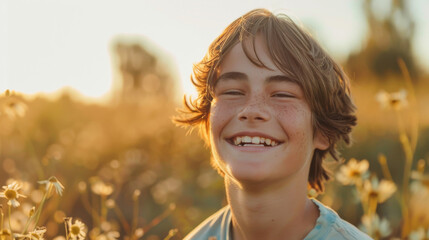 Happy 15 years old teenage boy portrait in middle of beautiful nature of a field with copy space