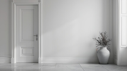 A minimalist interior with a white closed door, plant in a vase on marble flooring, suitable for mockups and presentations. Generative AI