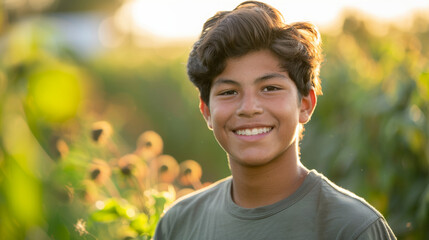 Happy 15 years old teenage boy portrait in middle of beautiful nature of a field with copy space