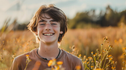 Happy 15 years old teenage boy portrait in middle of beautiful nature of a field with copy space