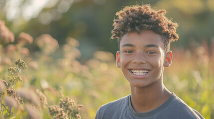 Happy 15 years old teenage boy portrait in middle of beautiful nature of a field with copy space